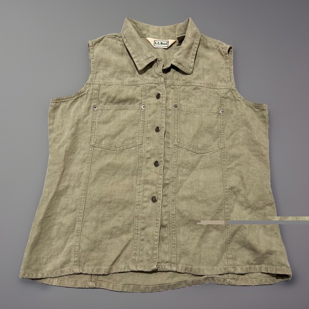 LL Bean Womens Raw Linen Rear Cinch Buckle Sleeveless Button-Up Vest Top Size M